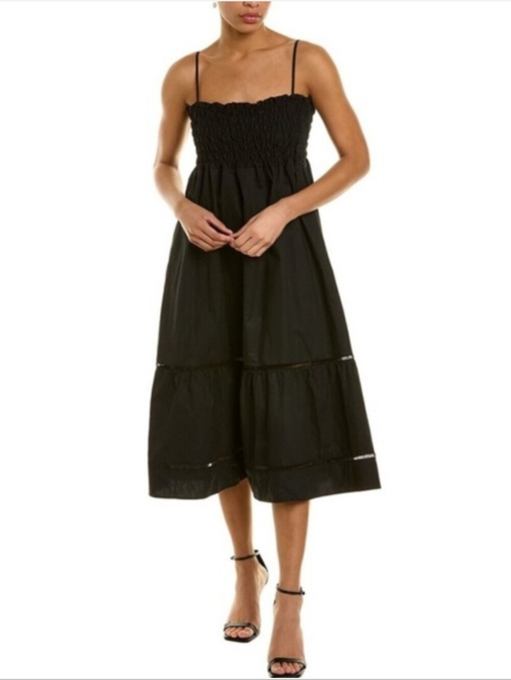O.P.T. Leila Black Smocked Midi Skirt Dress with Spaghetti Straps Size XS
